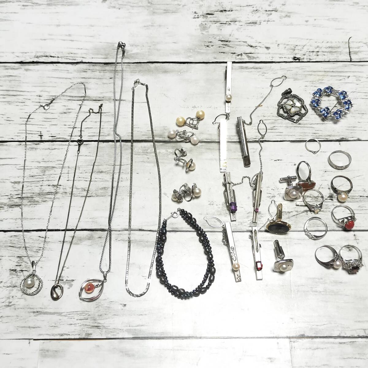 【総重量745g】SILVER 刻印多数 シルバー アクセサリー まとめ セット ネックレス リング 指輪 タイピン カフス パール 天然石 925 950