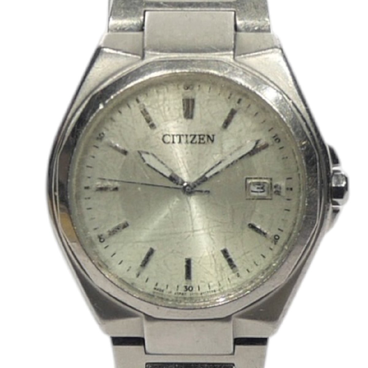 1円スタート 稼働品 CITIZEN シチズン Eco-Drive エコドライブ E111－S080703 電波ソーラー 3針 ラウンド デイト シルバー文字盤 メンズ