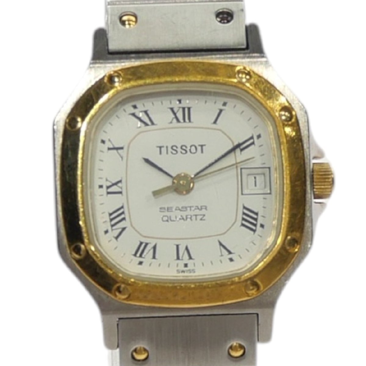 1円スタート TISSOT ティソ SEASTAR シースター クォーツ QZ SS スクエア 3針 コンビ デイト ホワイト文字盤 レディース 腕時計 動作未確認