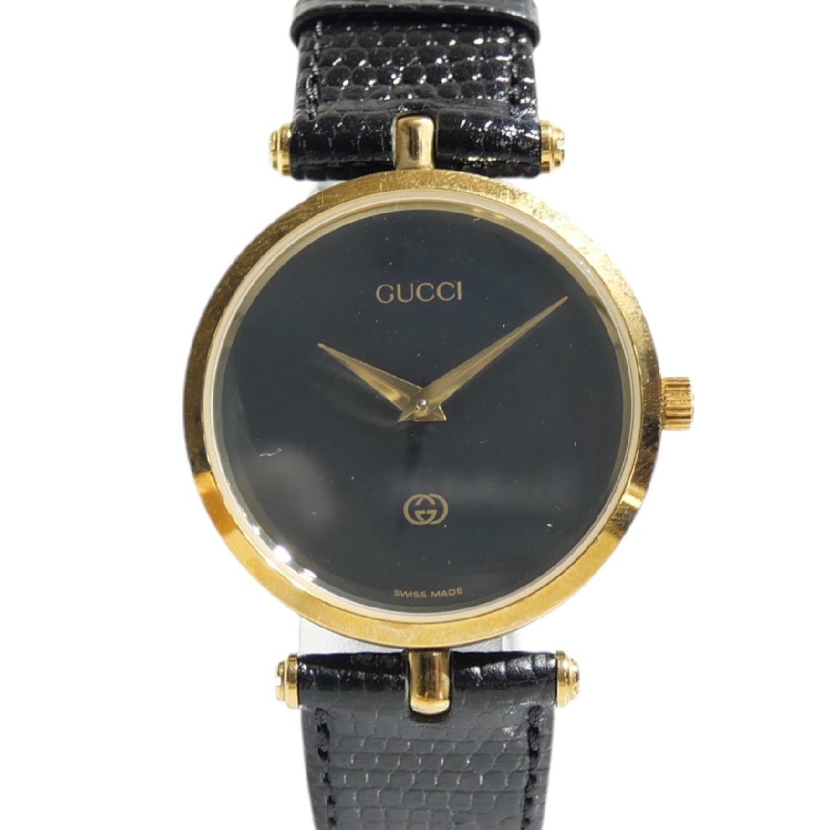 1円スタート 稼働品 GUCCI グッチ メンズ 腕時計 クォーツ QZ ラウンドフェイス 2針 ゴールドカラー 純正ベルト ブラック文字盤