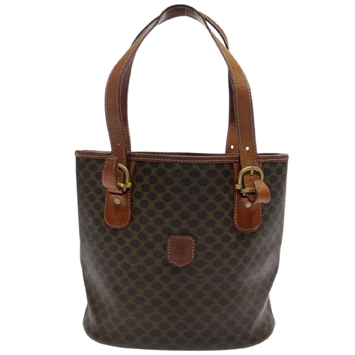 1円スタート CELINE セリーヌ マカダム柄 ハンドバッグ ゴールド金具 ロゴ トートバッグ ショルダー PVC レザー ブラウン レディース