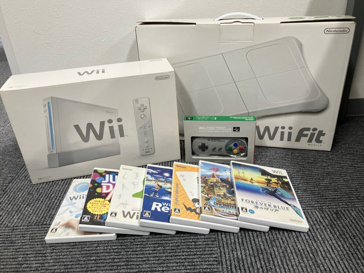 任天堂 ニンテンドー Wii おまとめ／本体 RVL-001／ソフト7本／Wii Fit／周辺機器 リモコン コントローラー 簡易動作OK