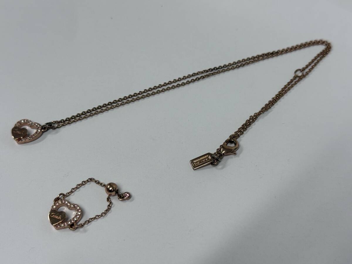 COACH コーチ ネックレス チェーンリング 2点おまとめ ハート ラインストーン ピンクゴールドカラー アクセサリー