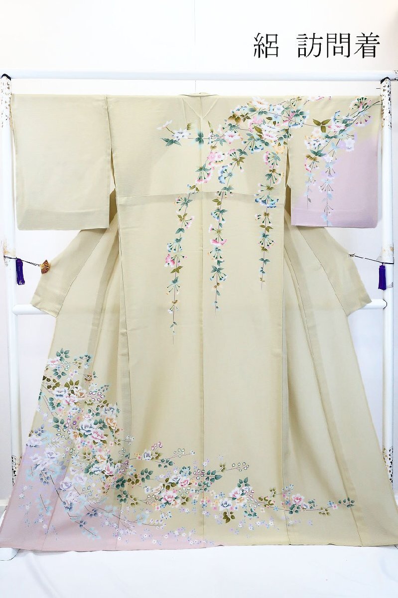 【送料無料】美品 訪問着 絽 夏 夏着物 薄黄緑 枝花 身丈162.0cm 裄丈67.0cm 仕立て上がり 正絹 フォーマル 着物フィ m-9126