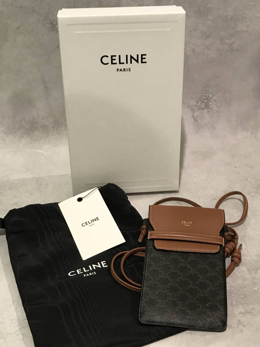 CELINE セリーヌ モバイル ポーチ トリオンフ ブラウン ショルダーバッグ スマホショルダー ミニショルダー ロゴ ブラウン レザー 本革