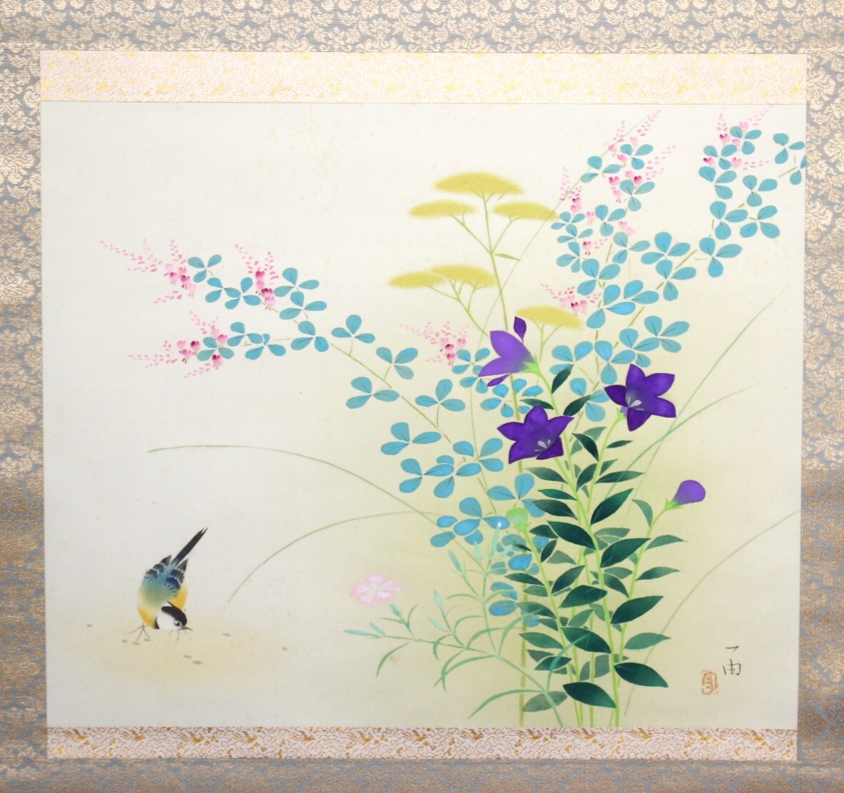 《真作》★新井 一由【桔梗】＊共箱.掛軸.横幅＊師 伊東深水＊文展＊日展＊春展＊花展＊萩.女郎花.撫子＊野の花に小禽＊東京.物故＊[桃]