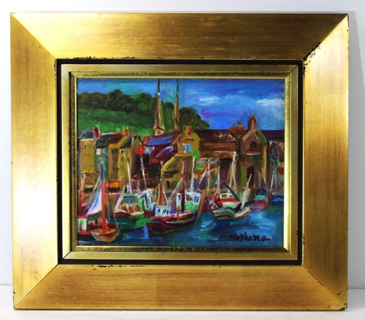 《真作》★保科 米三【オンフルール】油彩 3号＊師 牧野虎雄＊第一線美術会展.文部大臣賞＊太平洋美術会展＊フランス魚港＊東京.物故＊[桃]