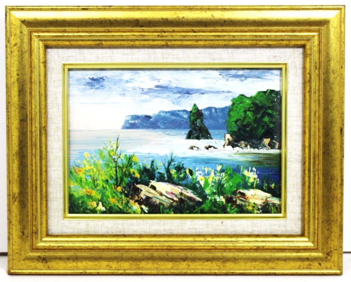《肉筆》★豊（Yutaka.K）サイン【北海道 ツコタンの海】油彩.SM＊色丹の海＊高山植物.花と海と岩の景色が美しい作品＊作家略歴不詳＊[桃]
