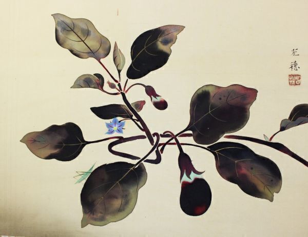 《真作》★佐野 光穂【茄子にバッタ】(仮題)＊掛軸.横幅.桐箱入＊師 菊池契月.西山翠嶂＊帝展＊日本美術院＊時代作家＊長野.物故＊[桃]