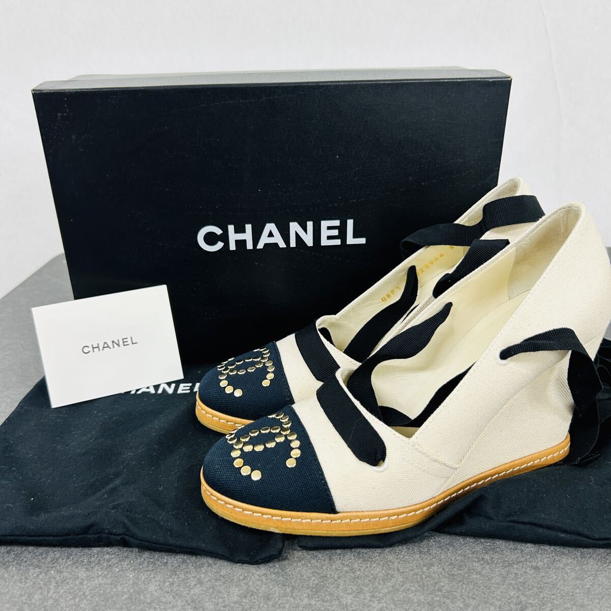 シャネル レースアップ ウェッジソール パンプス レディース 黒 38 （24.0cm〜24.5cm相当）スタッズ バイカラー CHANEL 使用感少なめ