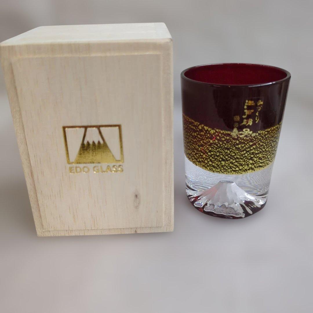 新品 田島硝子 手づくり江戸硝子 金箔富士 ショットグラス 冷酒杯 紅 桐箱 お土産 プレゼント 父の日