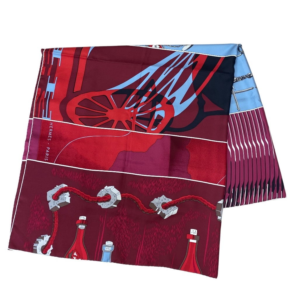 美品 HERMES エルメス Carre140 カレ140 caleche mors et bouteilles カレシュ ハミとボトル カレジュアン スカーフ 大判 シルク ボルドー