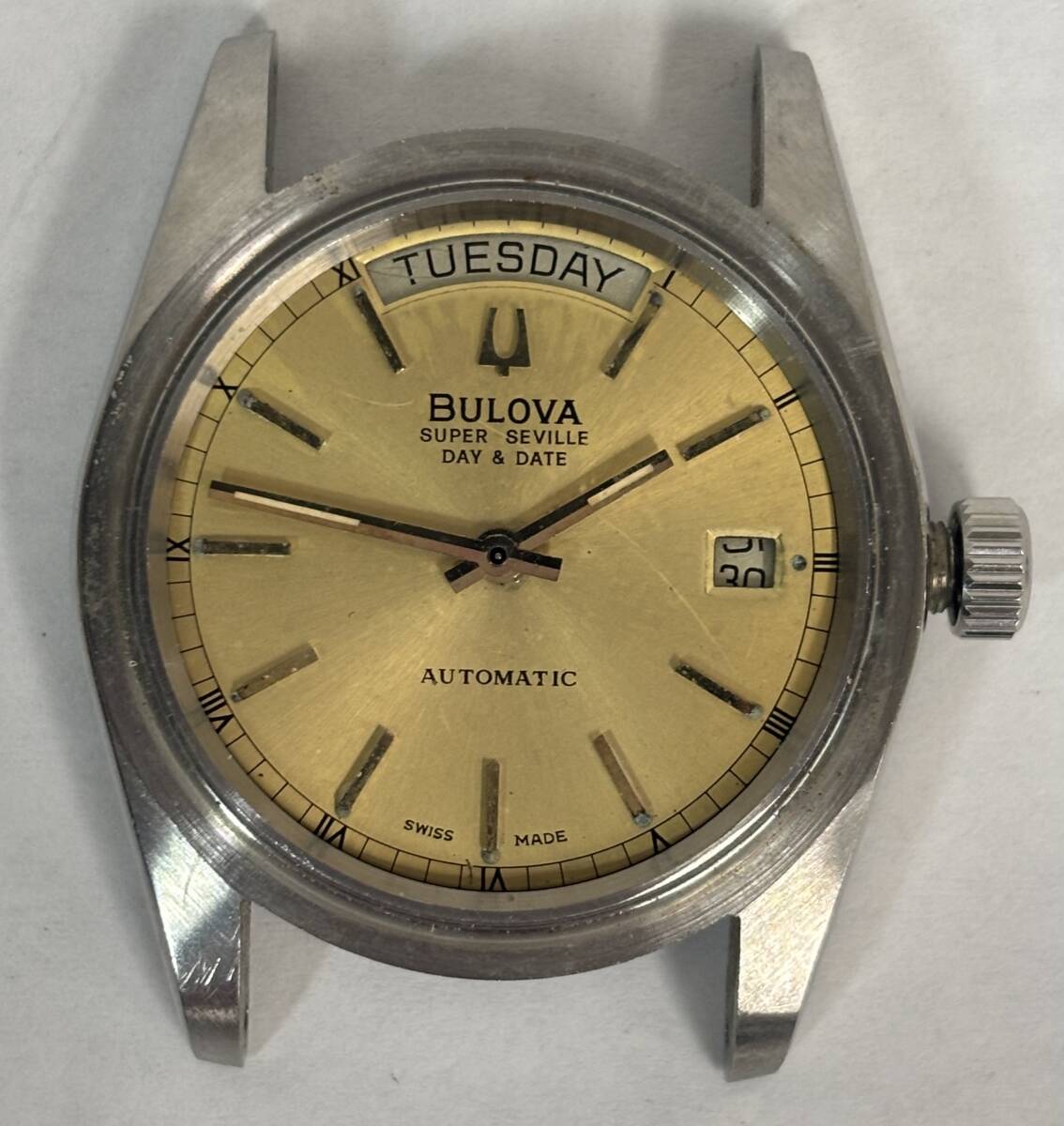 1円 中古 不動 BULOVA ブローバ スーパーセビル デイデイト 自動巻 ゴールド メンズ 腕時計 ヴィンテージ アンティーク【AW00446】