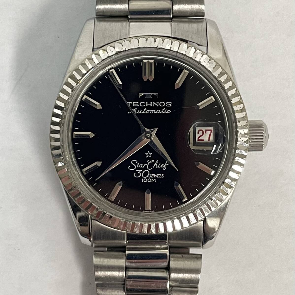 1円 中古 レア TECHNOS テクノス スターチーフ ステンレス ブラック 社外SSベルト 自動巻 メンズ 腕時計 ヴィンテージ【AW00441】