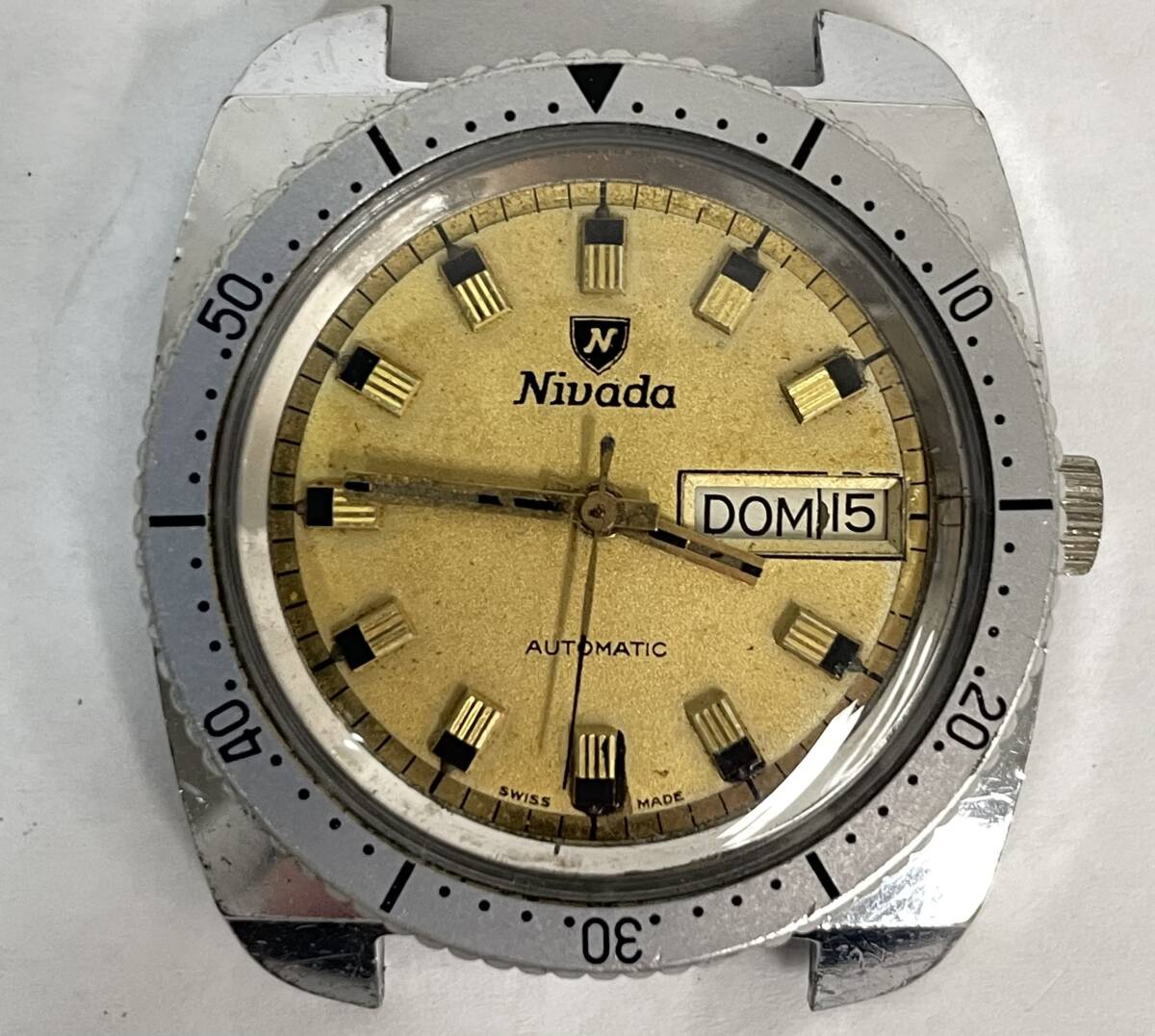1円 中古 ベルト無し Nivada ニバダ ダイバーズ デイデイト 自動巻 ステンレス シャンパン メンズ 腕時計 ヴィンテージ【AW00443】