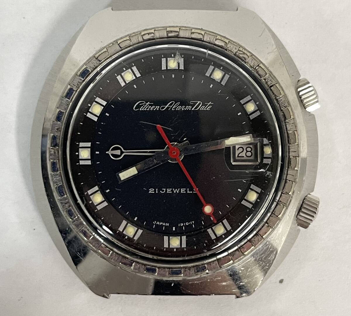 1円 中古 レア CITIZEN 4H ALARM DATE シチズン アラーム デイト 21石 手巻 ステンレス ブラック メンズ 腕時計 ヴィンテージ【AW00442】