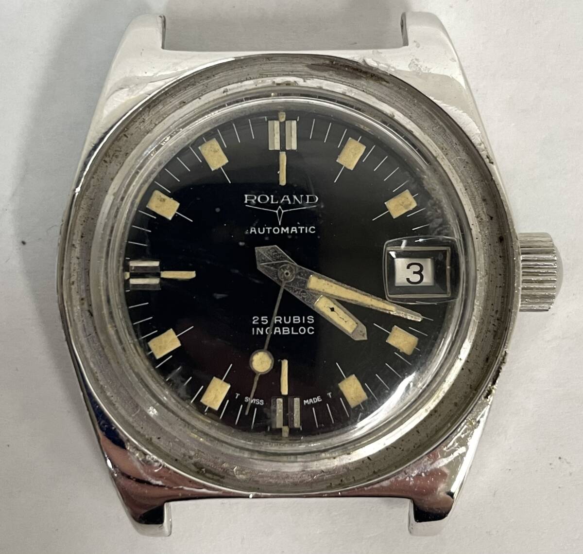 1円 中古 稼働 ベゼル欠損 ベルト無し ROLAND 自動巻 ステンレス ブラック メンズ 腕時計 ヴィンテージ アンティーク【AW00452】