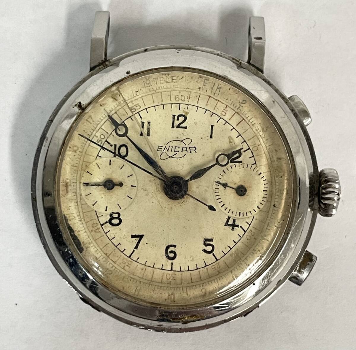 1円 中古 不動 ベルト無し ラグ破損 ENICAR エニカ ステンレス アイボリー 手巻 メンズ 腕時計 ヴィンテージ アンティーク【AW00444】