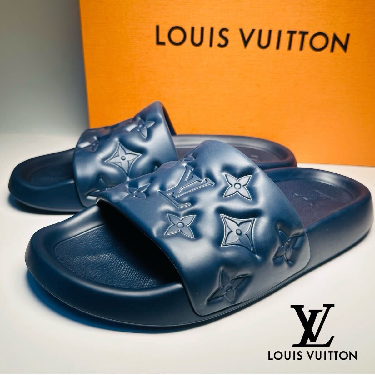 【本物保証】極美品◆ LOUIS VUITTON ルイヴィトン ◆ ウォーターフロントライン モノグラム サンダル ミュール ネイビー サイズ6 25cm相当
