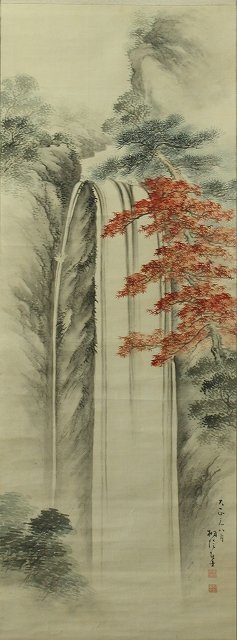 ◆◇井阪桐陰( ISAKA Toin/ Hiroshima,明治-大正期) 紅葉瀑布 大正元(1912)年八月作 瀧図 明治画人の制作年代付名品◇◆JY2124