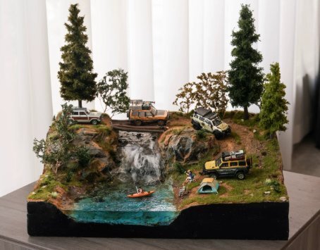 高級◆ 1/64 カーモデル 芝生 河川 オフロードジオラマ 自然風景 匠の手作り 卓上ディスプレイ 贈り物 リアル情景模型