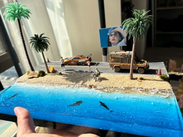 匠の手作り◆1/64 カーモデル ビーチ・砂浜ジオラマ 卓上ディスプレイ ギフト 手作りリアル模型