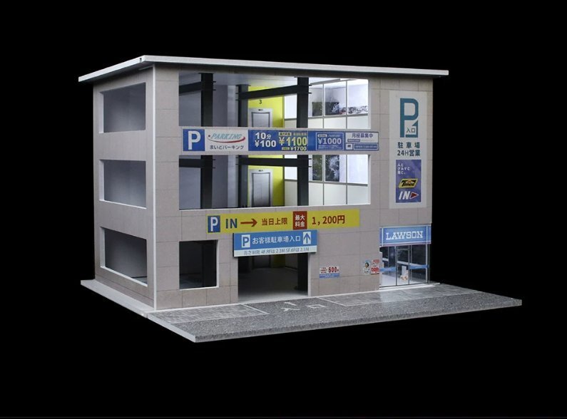美品登場☆ 1:64 日本式駐車場ビル ライト付き ジオラマ 組立模型 インテリア置物 情景ジオラマ
