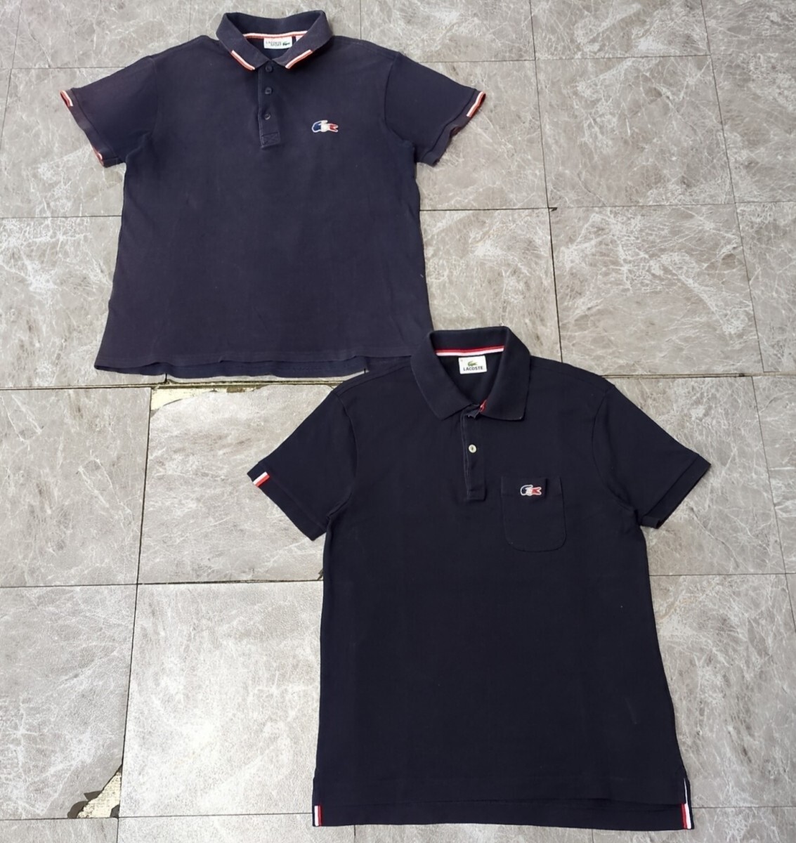 6．ラコステ 2点2枚 セットまとめ トリコロール白ワニ ワンポイントロゴ 半袖 鹿子 ポロシャツ LACOSTE サイズ3 4ネイビー赤白x706