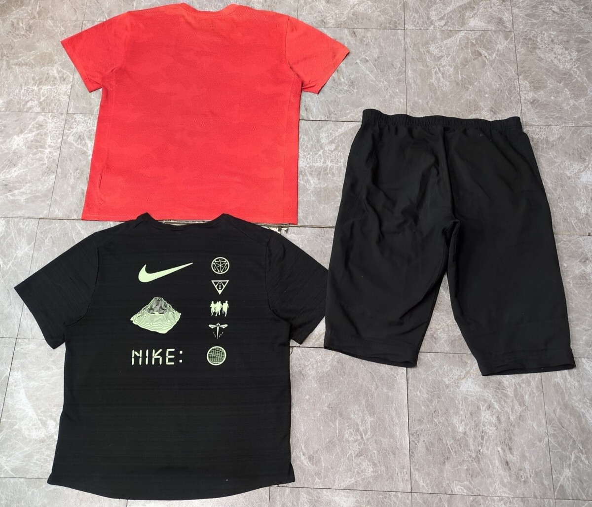8．NIKE DRI-FIT 速乾 3点3枚 セット まとめ 半袖 トレーニング Tシャツ ウーブン ハーフ パンツ スウォッシュロゴ メンズXL 黒朱色 x802