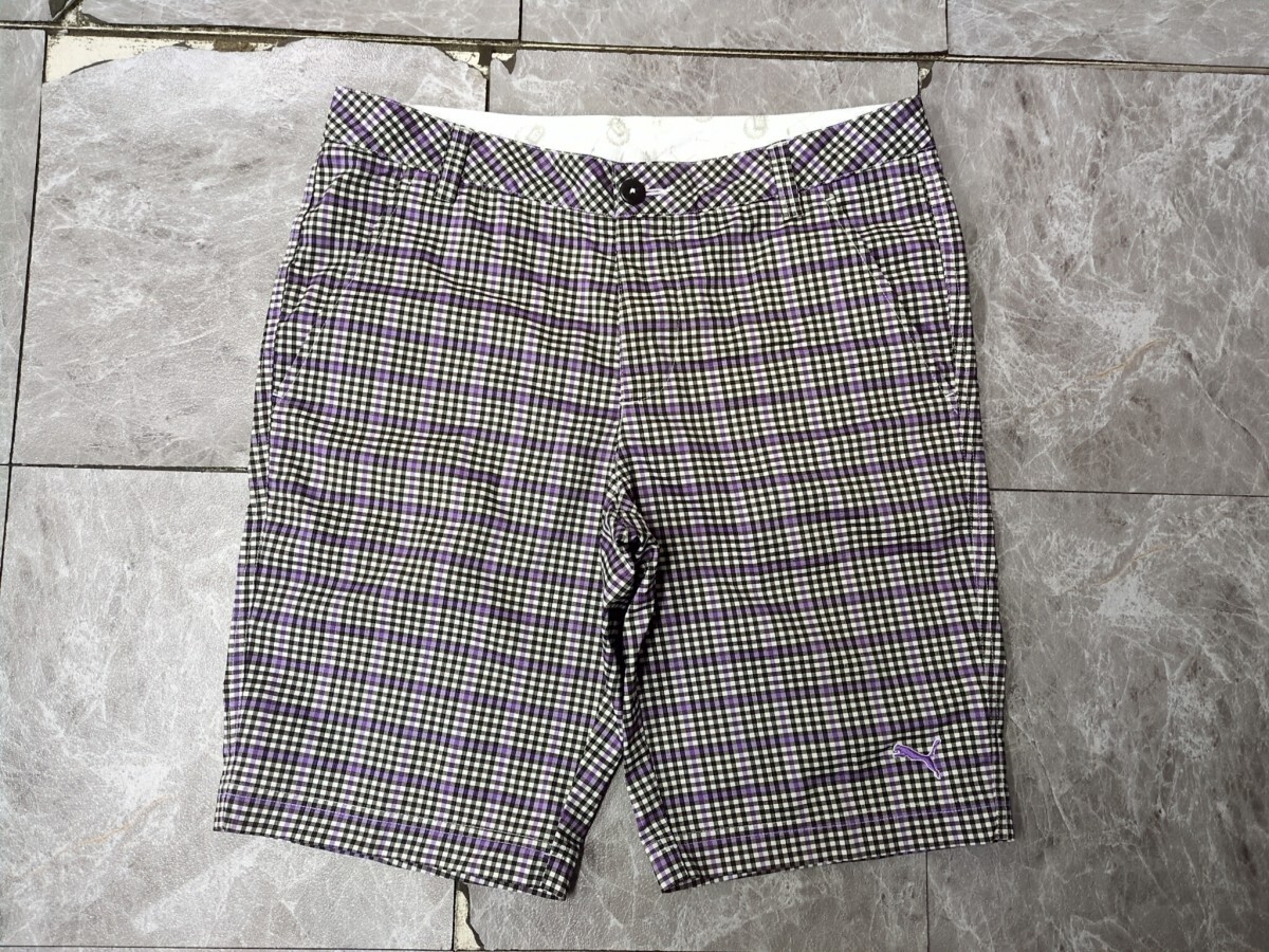 19．プーマゴルフ チェック柄 ワンポイントロゴ ストレッチ ハーフ パンツ ショーツ ショート PUMA GOLF メンズL グレー紫黒白 x704
