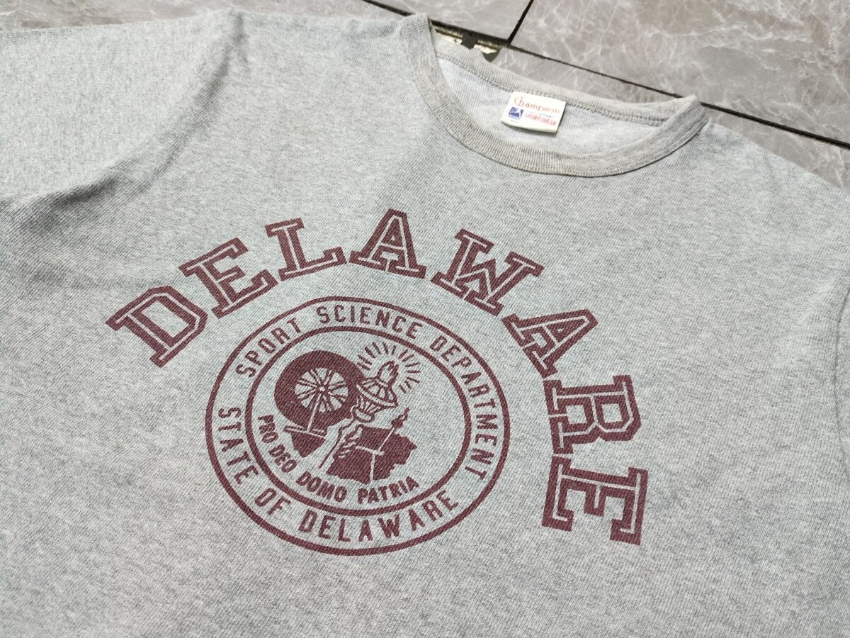 15．ランタグ復刻 チャンピオン シングルステッチ センターデカロゴ アーチロゴ リブ生地 半袖 Tシャツ アメカジ メンズS グレーx704