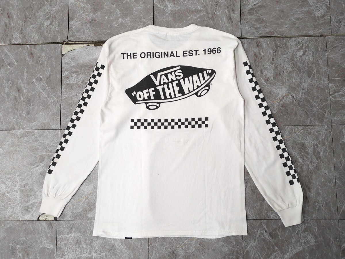 VANS センターデカロゴ 袖ロゴ チェッカーフラッグ柄 プリント 長袖 Tシャツ ロンT バンズ ヴァンズ カットソー メンズS 白黒 アメカジ 801