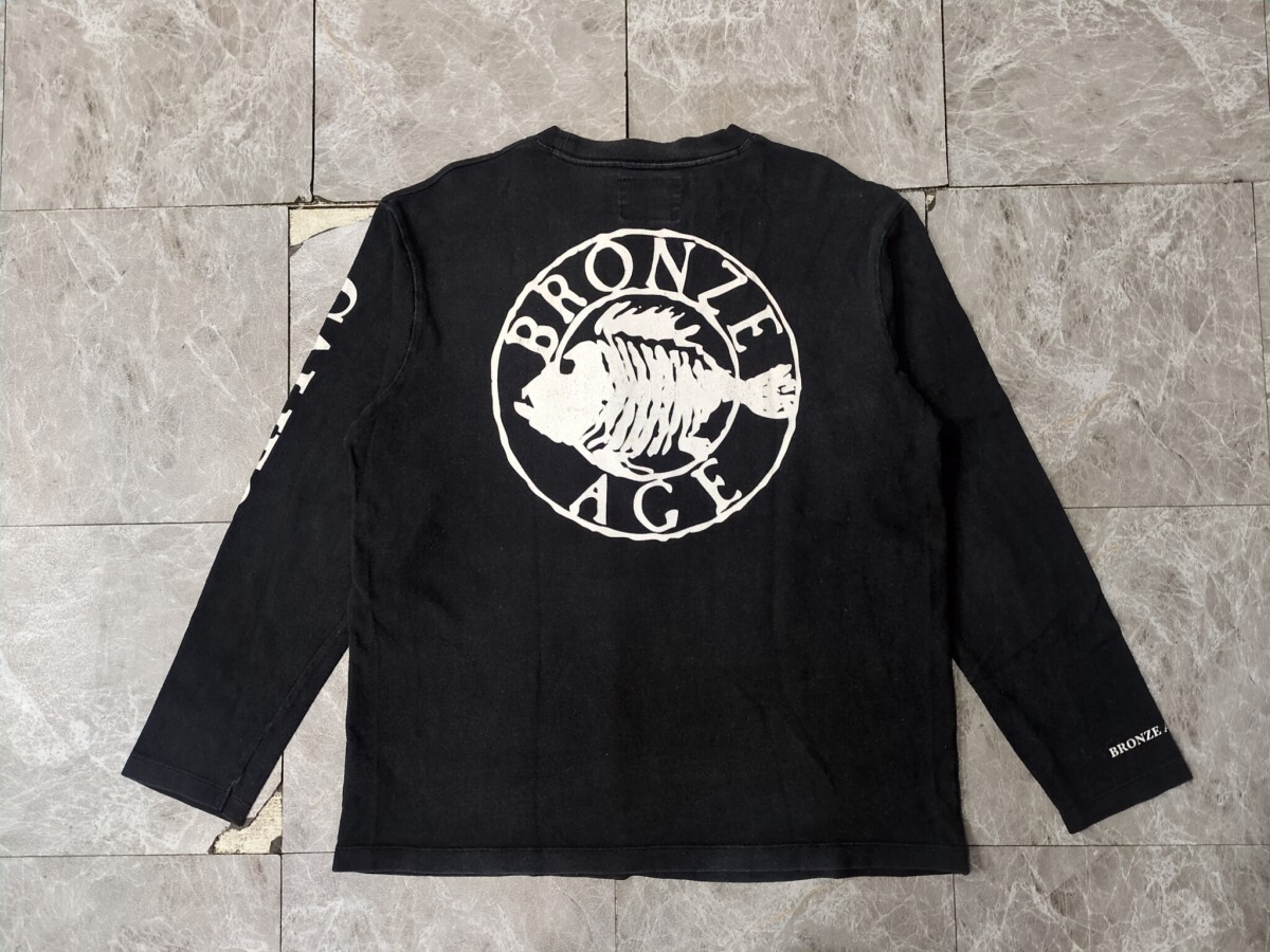 9．ブロンズエイジ アズールバイマウジースカルフィッシュ プリント BRONZE AGE 長袖 フェード Tシャツ ロンT L/S 黒 白 メンズM x805