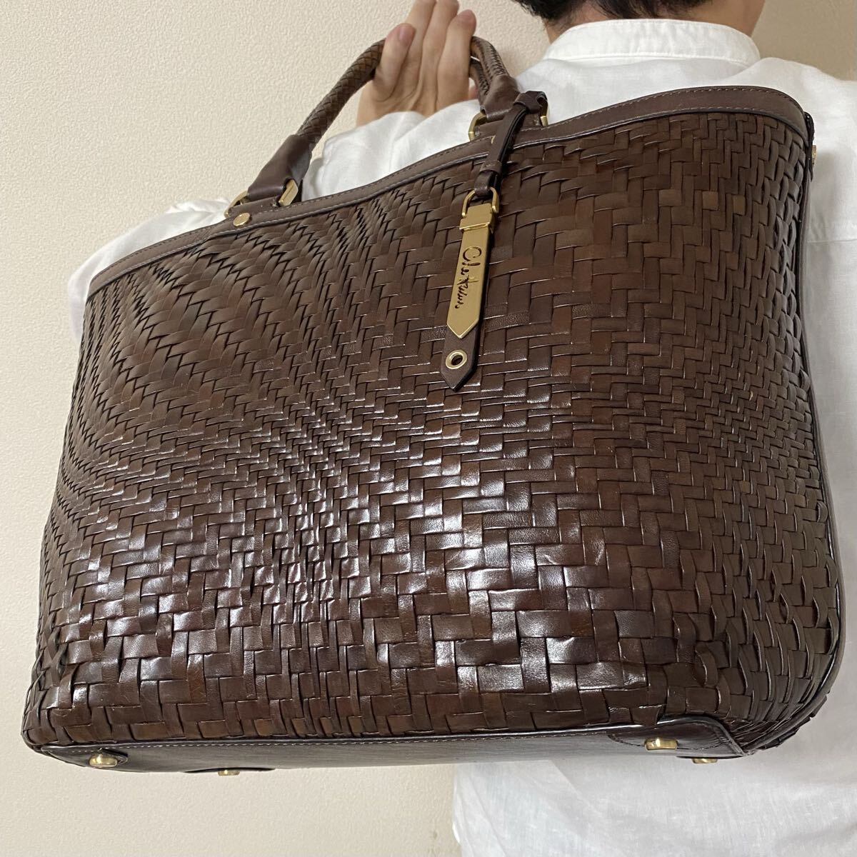 極美品●大容量●COLE HAAN コールハーン メンズ A4収納 ビジネス 肩掛け トートバッグ イントレチャート 編み込み レザー 本革 ブラウン