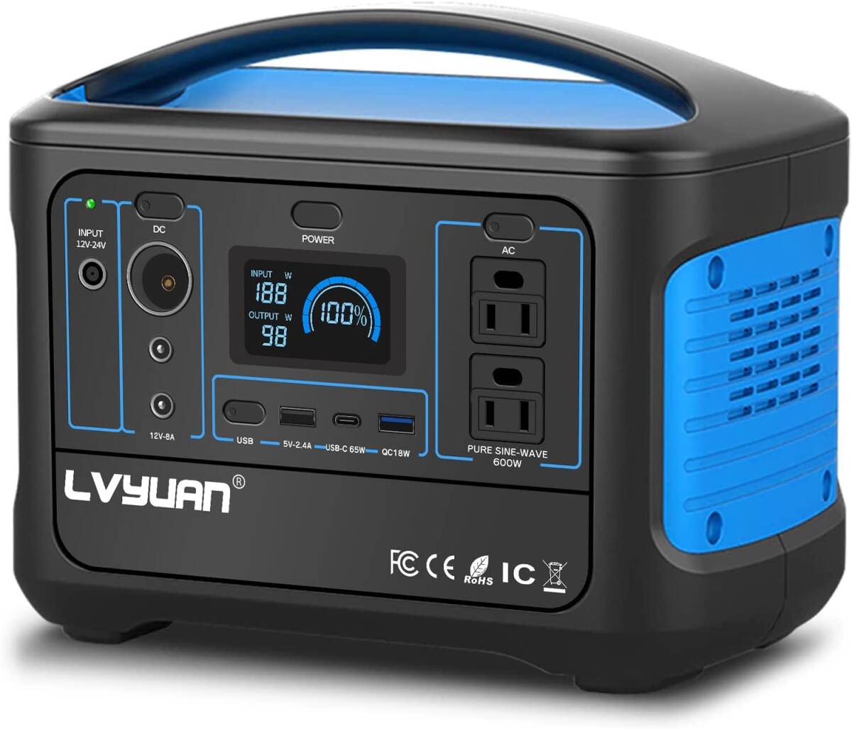 新品 純正弦波 ポータブル電源 600W 最大1000W 50/60Hz 大容量 153600mAh/568Wh 車中泊 LED照明機能付 アウトドア P 非常用電源 Yinleader