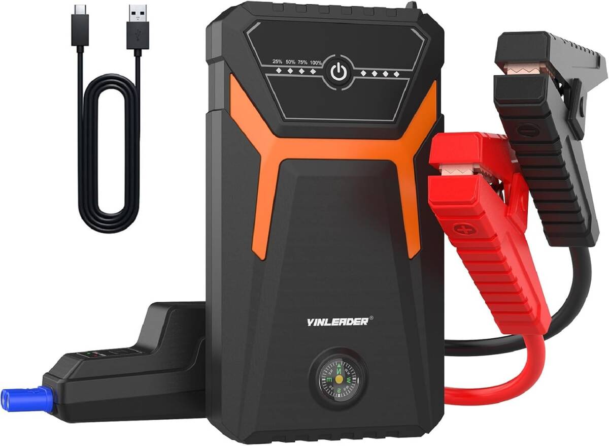 新品 ジャンプスターター 車緊急始動 10000mAh 大容量バッテリー ピーク電流1500A LEDライト搭載 モバイルバッテリー 方向磁針 Yinleader
