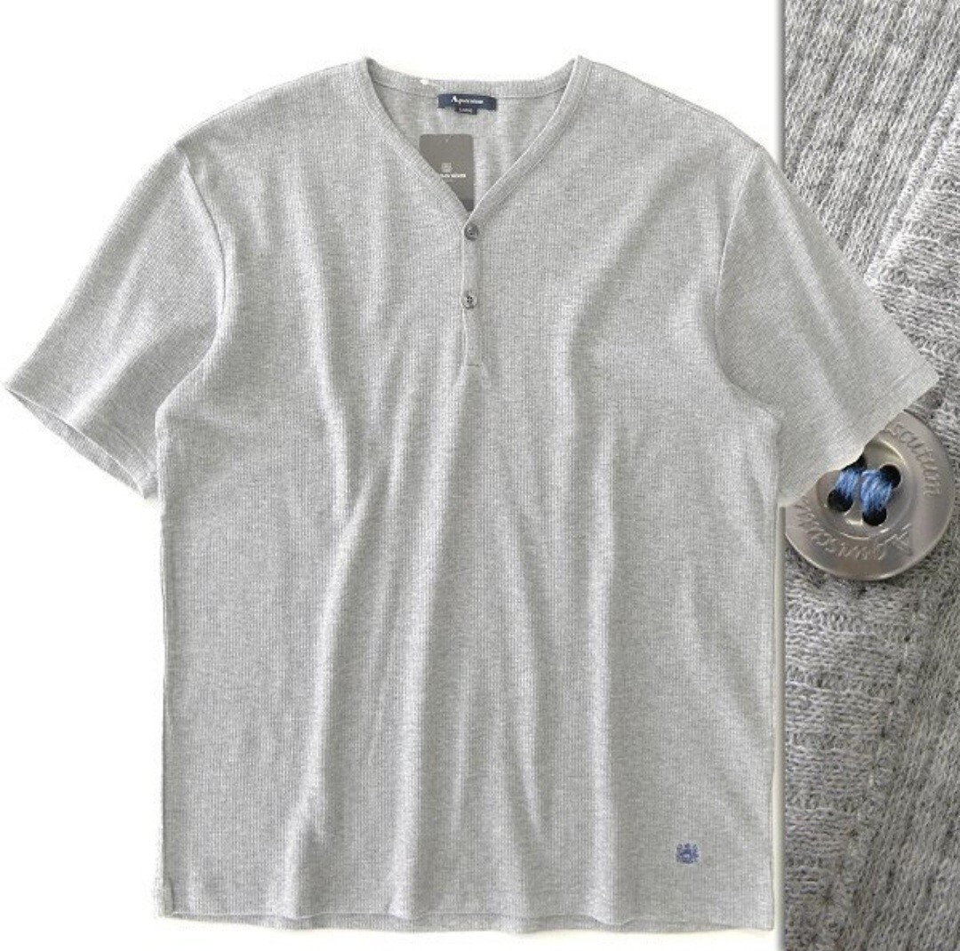 【英王室御用達高級ブランド新品】アクアスキュータム 変形 ワッフル ヘンリーネック半袖 TシャツL 灰 Aquascutum LONDON メンズカットソー