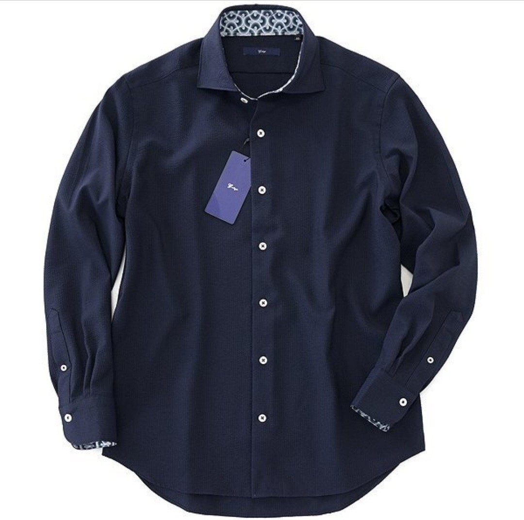 【国内高級人気ブランド新品】 新品 ジーステージ 清涼シアサッカー カッタウ ェイ シャツ50XL 夏 メンズ G-stage ストレッチ ネイビー