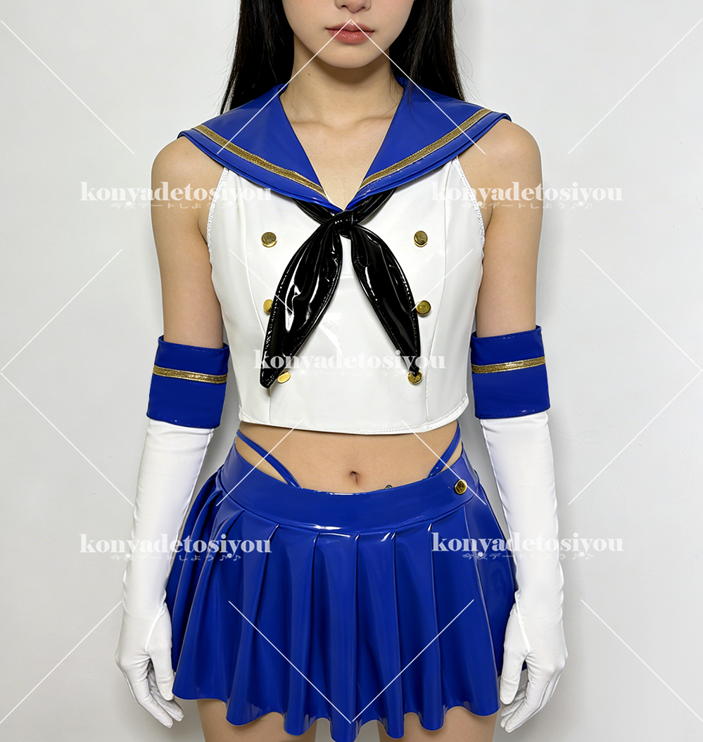 26110白＆ブルー3XL 超光沢 可愛いセーラー風トップス+プリーツスカート コスプレ JK 学生制服 仮装 キャバ嬢 変装 イベント コスチューム