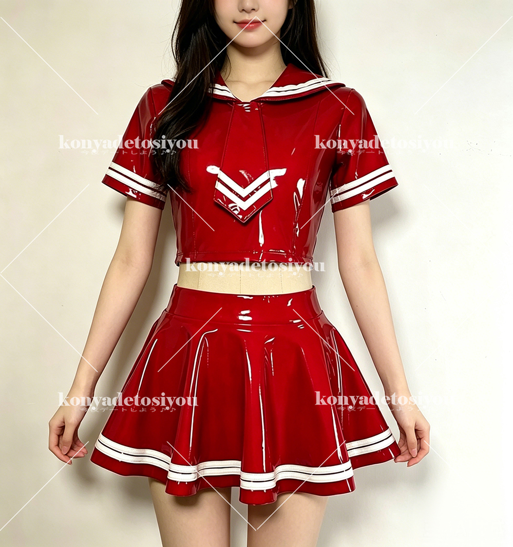 26115赤3XL 超光沢 可愛いセーラー風トップス+プリーツスカート コスプレ JK 制服 仮装 キャンギャル 変装 イベント コスチューム
