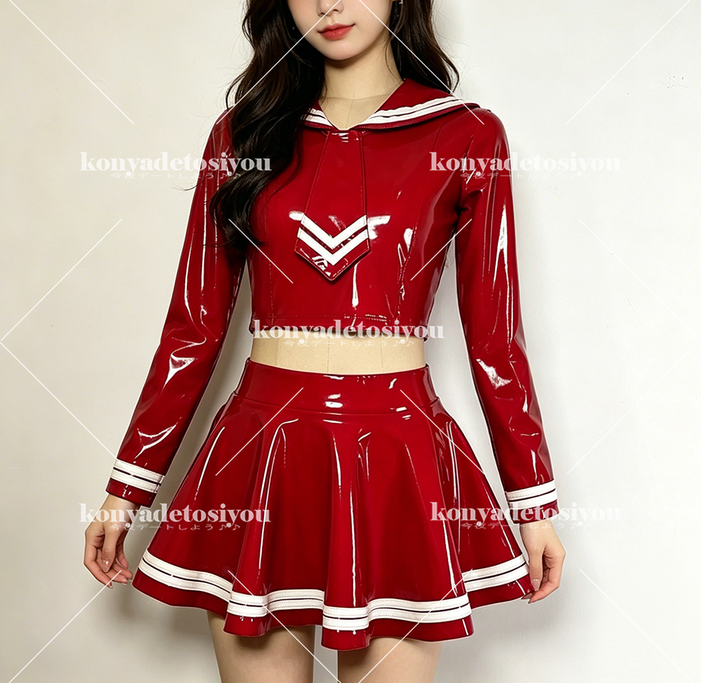 26114赤3XL 超光沢 可愛いセーラー風トップス+プリーツスカート コスプレ JK 制服 仮装 キャンギャル 変装 イベント コスチューム