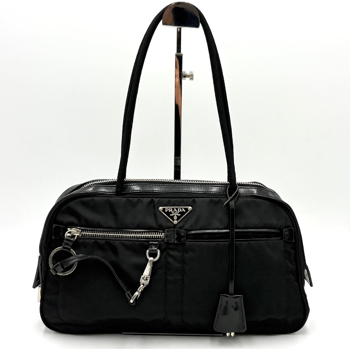 1円/極美品◎PRADA プラダ 三角ロゴプレート SV金具 ナイロン トートバッグ ショルダーバッグ ミニボストン 肩掛け可 ブラック 黒 BR1554
