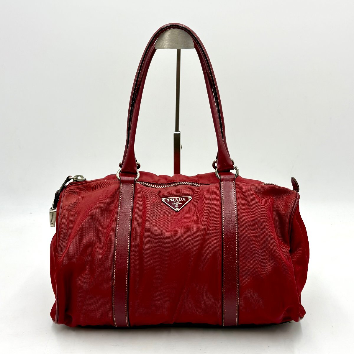 美品◎PRADA プラダ 三角ロゴプレート トートバッグ ショルダーバッグ ミニボストン テスートナイロン×レザー レッド 肩掛け鞄