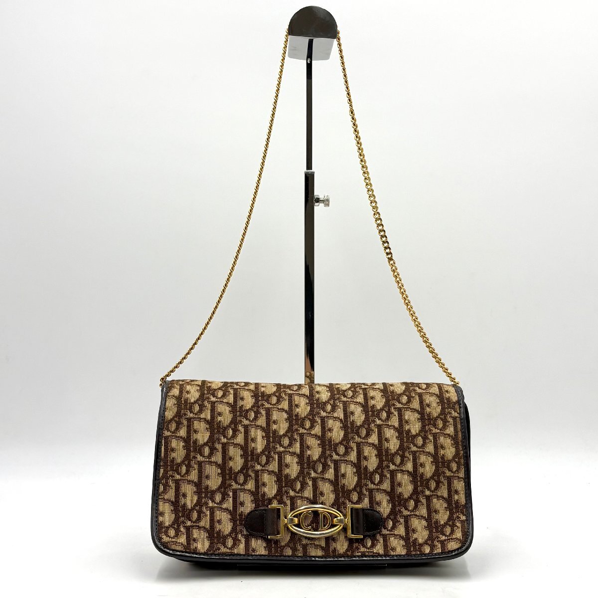 1円/良品◎Christian Dior クリスチャンディオール CDロゴ ゴールド金具 トロッター柄 チェーン ショルダーバッグ ブラウン レディース