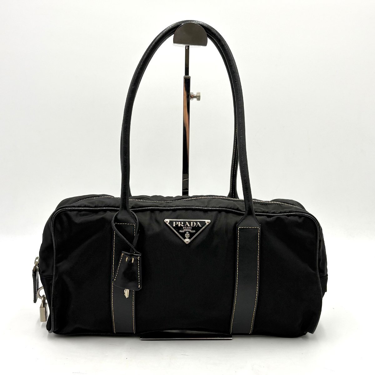 1円/美品◎PRADA プラダ 三角ロゴプレート ナイロン×レザー ショルダーバッグ トートバッグ ミニボストン 肩掛け可 ブラック 黒