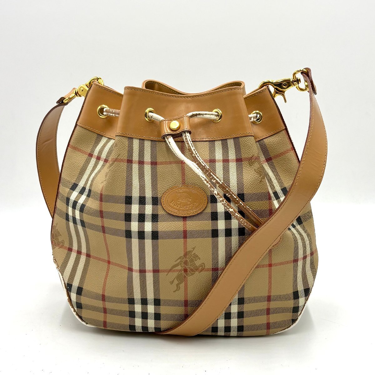 1円/希少◎Burberry バーバリー ノバチェック 巾着 ショルダーバッグ PVC×レザー ベージュ ロンドンチェック レディース