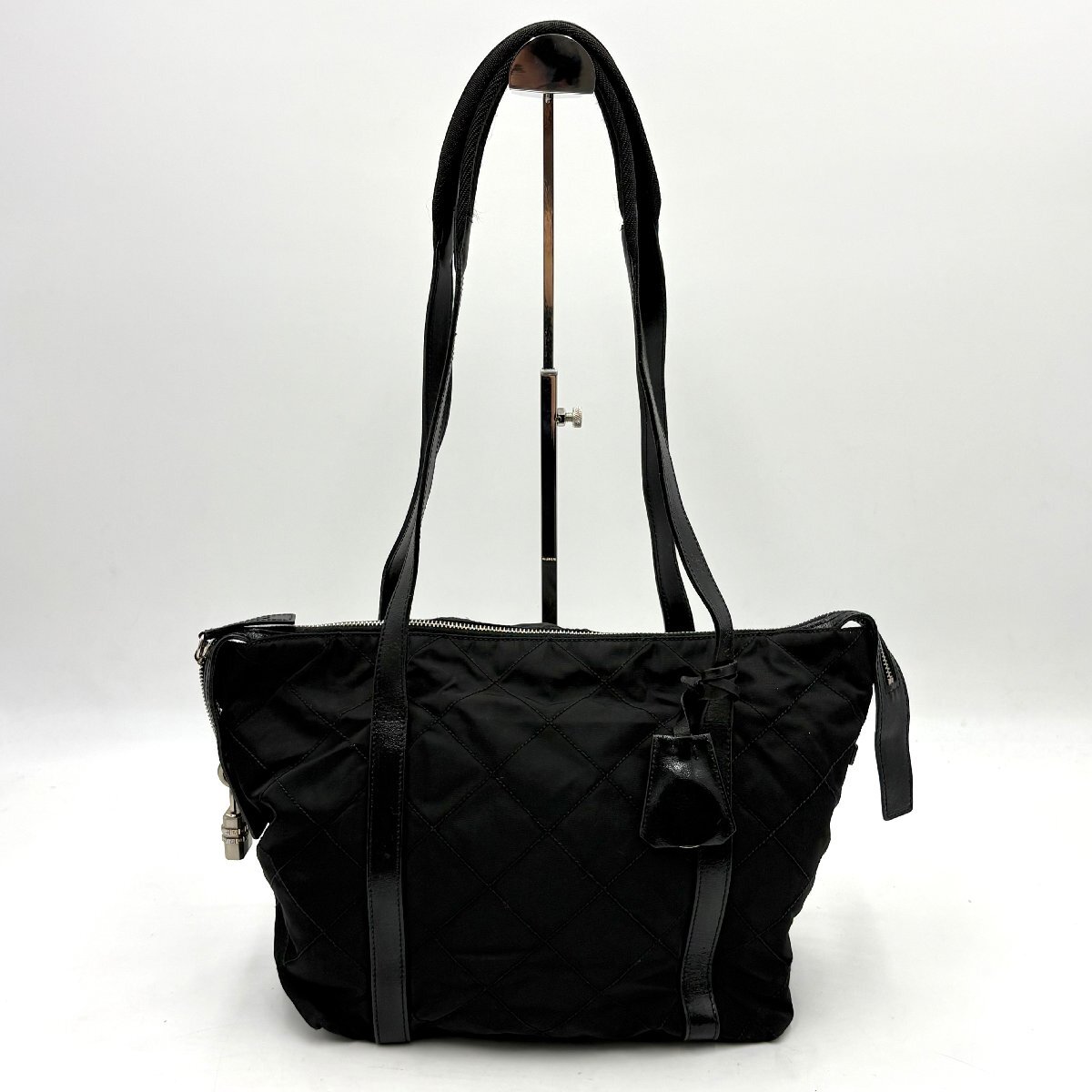 1円/美品◎PRADA プラダ 三角ロゴプレート キルティング ショルダーバッグ トートバッグ ナイロン×レザー ブラック 黒