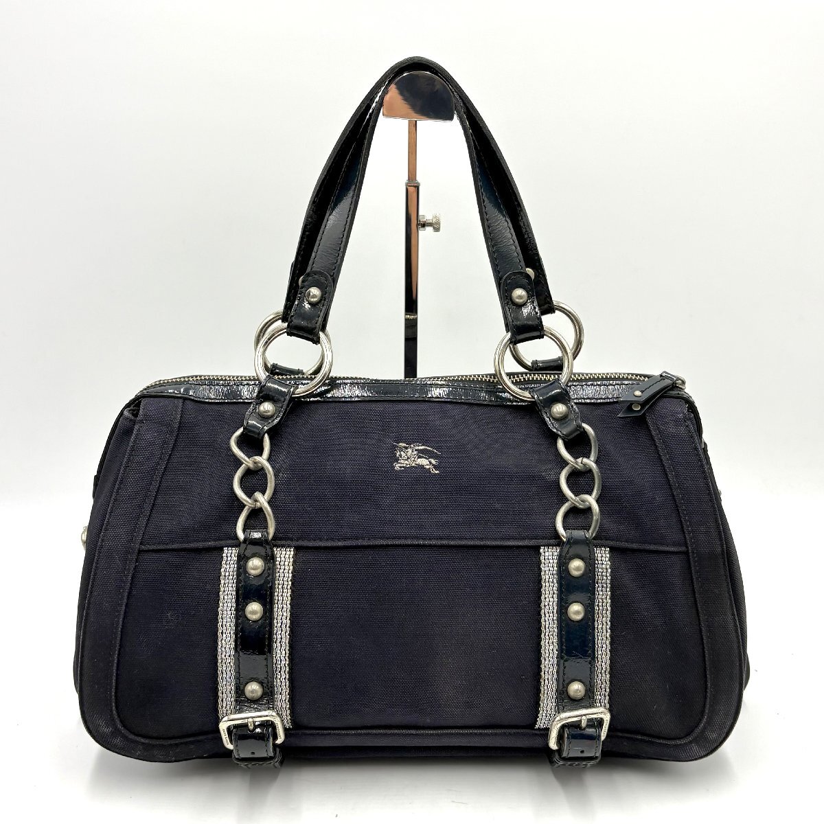 1円/美品◎BURBERRY BLUE LABEL バーバリーブルーレーベル チェーン トートバッグ ハンドバッグ マザーズバッグ キャンバス ネイビー