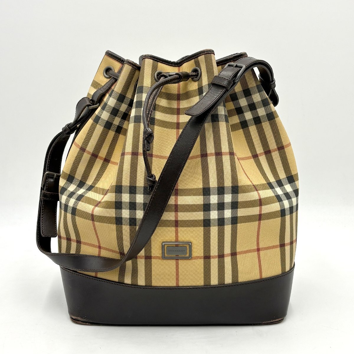 1円/良品◎Burberry バーバリー ノバチェック 巾着 ショルダーバッグ トートバッグ PVC×レザー バーバリーロンドン ベージュ