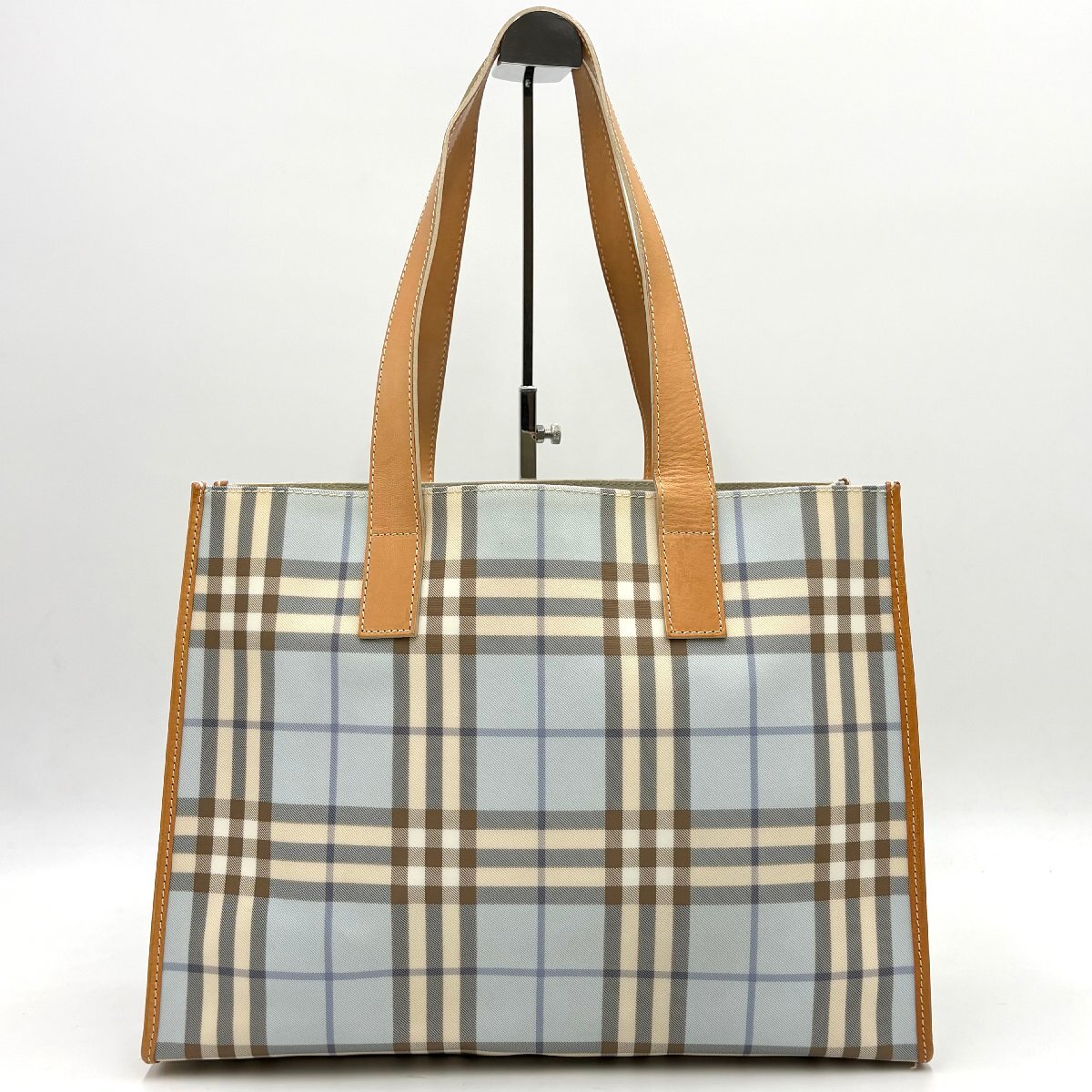 1円/極美品◎BURBERRY バーバリー ロンドンチェック トートバッグ ショルダーバッグ PVC×レザー A4肩掛け可 ブルー系